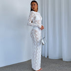 Women Clothing Spring Summer Solid Color Lace See through Long Sleeve Mid Length Dress SaturdayNight