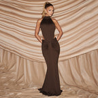Women Clothing Summer Solid Color Small Turtleneck Sleeveless Backless Pleated Casual Sexy Dress COORAL