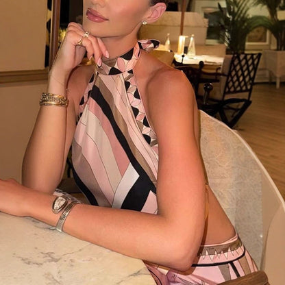 Beach Print Satin Halter Backless Top Irregular Asymmetric Skirt Two Piece Set