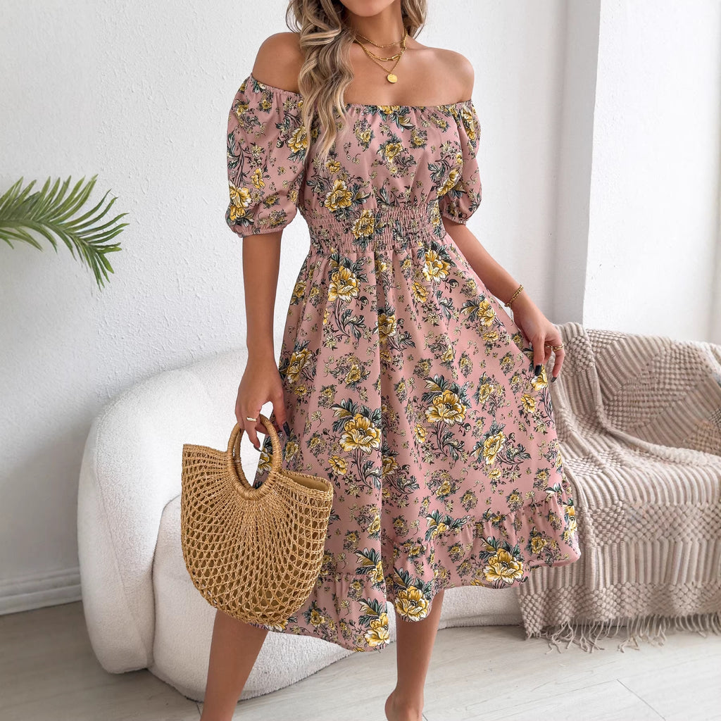 Spring Summer Off shoulder Short sleeved Floral Ruffled Vacation One piece Dress Independent Site Women Clothing BAGIISA
