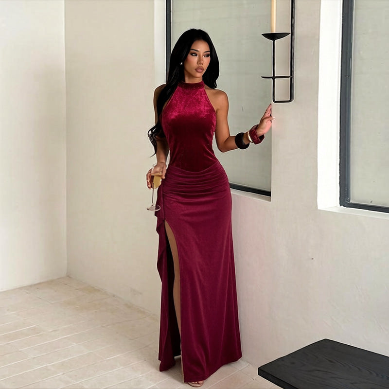 Halter Sequined Elegant Dress Sexy Split Pleated Dress for Women WHATOWEAR