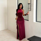 Halter Sequined Elegant Dress Sexy Split Pleated Dress for Women WHATOWEAR