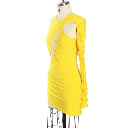 Spring Summer Niche Design Sexy Irregular Asymmetric Pleated Sexy Single Sleeve Dress Women Clothing