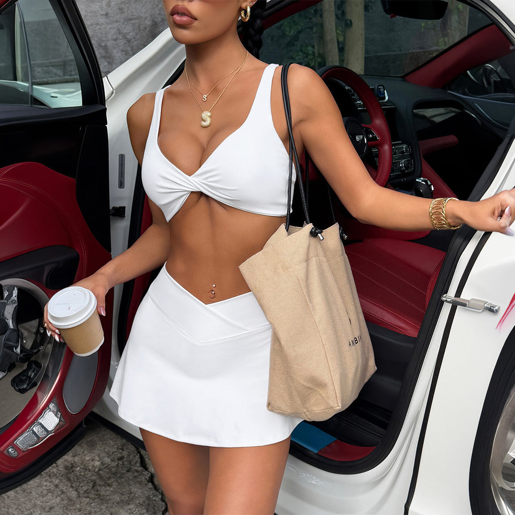 Sports Yoga Straps Bra Short Skirt Two Piece Sets Women Clothing Spring Summer Zoyun