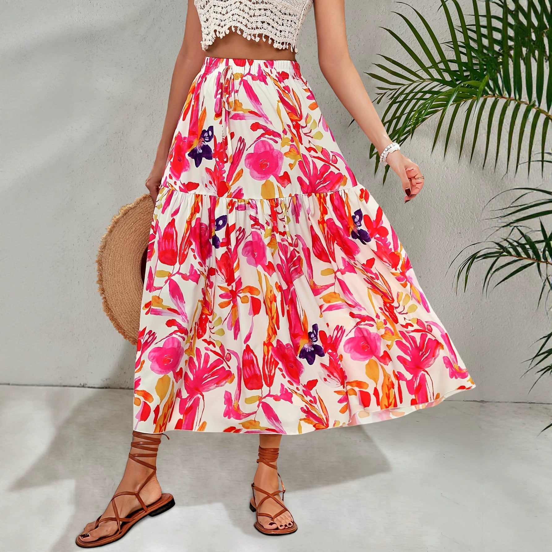 Women Skirt Summer Bohemian Floral Print Elastic Waist a Hem Skirt Rogan