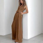 Sexy Elegant Wide Shoulder Strap V neck Sleeveless Vest Mid Waist Slim Fit Wide Leg Pants Two Piece Set Autumn Casual Set FOREVEREIGHTEEN