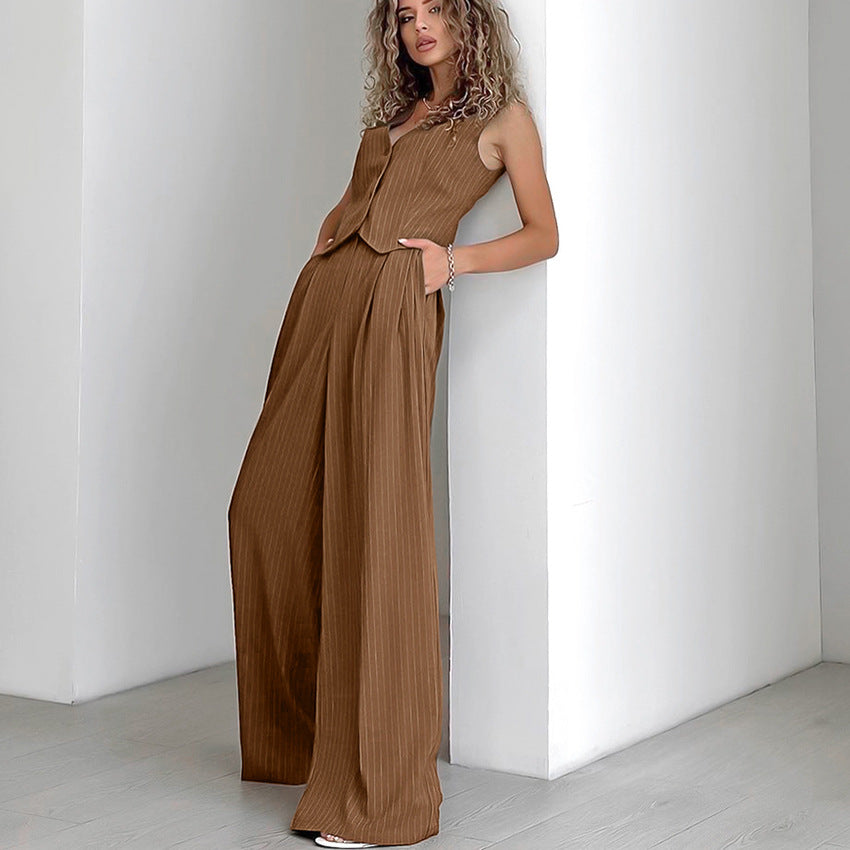 Sexy Elegant Wide Shoulder Strap V neck Sleeveless Vest Mid Waist Slim Fit Wide Leg Pants Two Piece Set Autumn Casual Set FOREVEREIGHTEEN