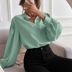 Chemise femme automne élégante couleur unie col manches longues une rangée de boutons ample
