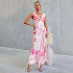 Spring Summer Floral Printed Mesh Slim Fit Backless Sexy Lacing Mid Length Dress XUYUN