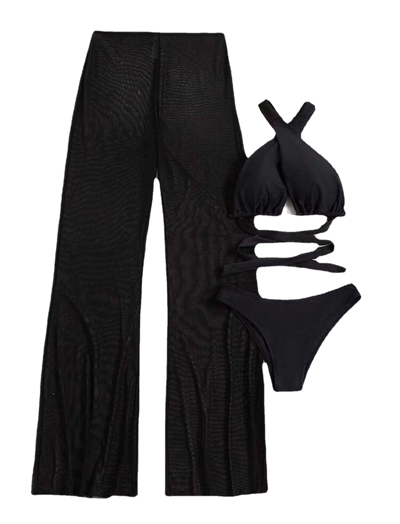 Conjunto sexy de tres piezas transparente sin espalda