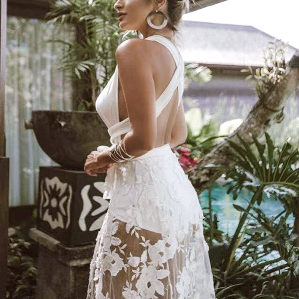Robe longue de plage sexy en dentelle dos nu, collection printemps-été femme