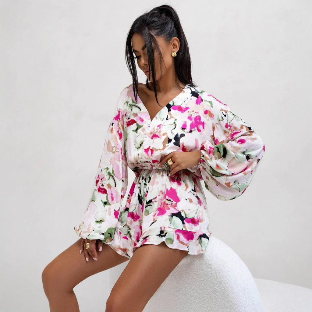 Combinaison short à volants et col en V pour femme, imprimé, manches longues, taille haute