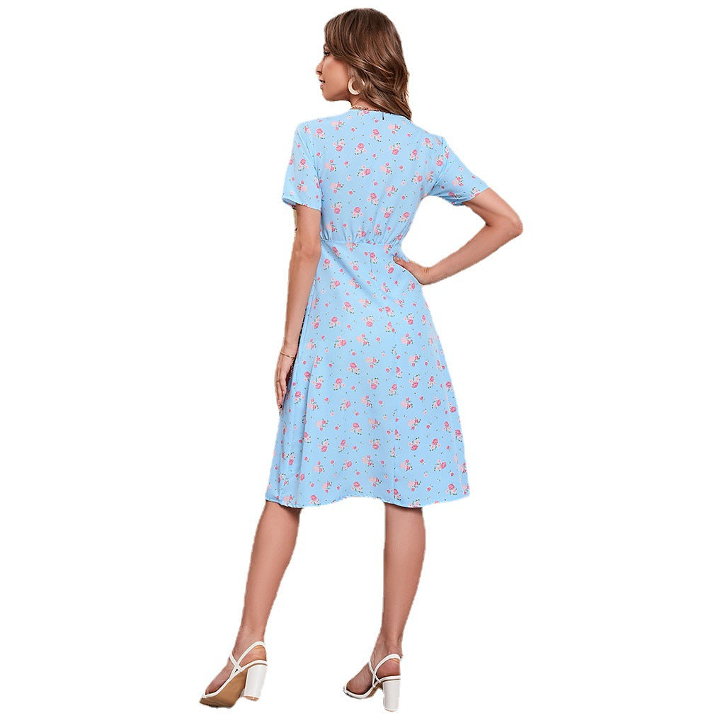 Summer Chiffon Printed V-neck Slim Dress A line Swintager