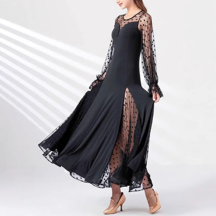Elegant Women Polka Dot Lace Stitching Long Sleeve Dress Lantern Sleeve Polka Dot Stitching Split Dress Venly