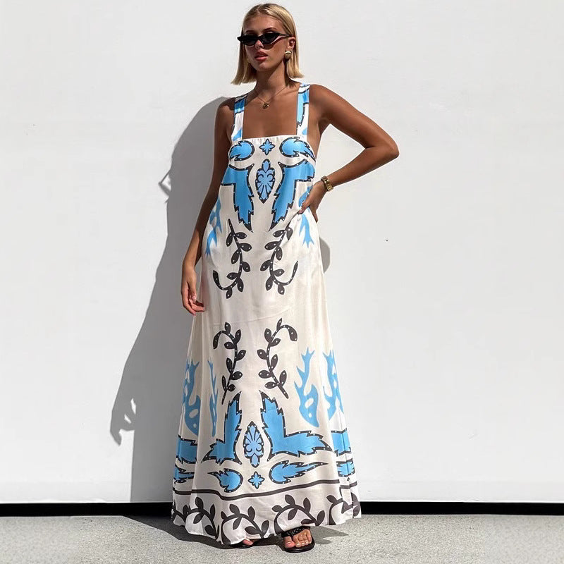 Summer Sexy Spaghetti-Strap Floral Print Dress Casual Loose Vacation Dress Zemy