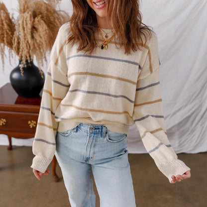 Women Casual Color Striped Pullover Long Sleeve Loose Sweater