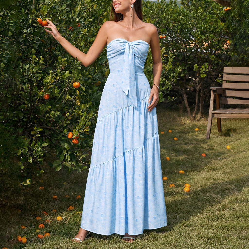 Tube Top Bow Bandage Dress Sexy Backless Pleated Print Maxi Dress SUNSHINE