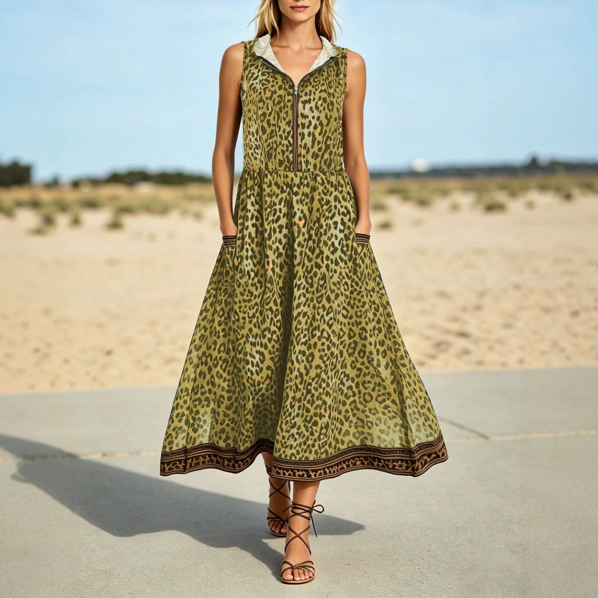 Casual Leopard Print Printed Dress Hooded Zipper Pocket Beach Dress Eping