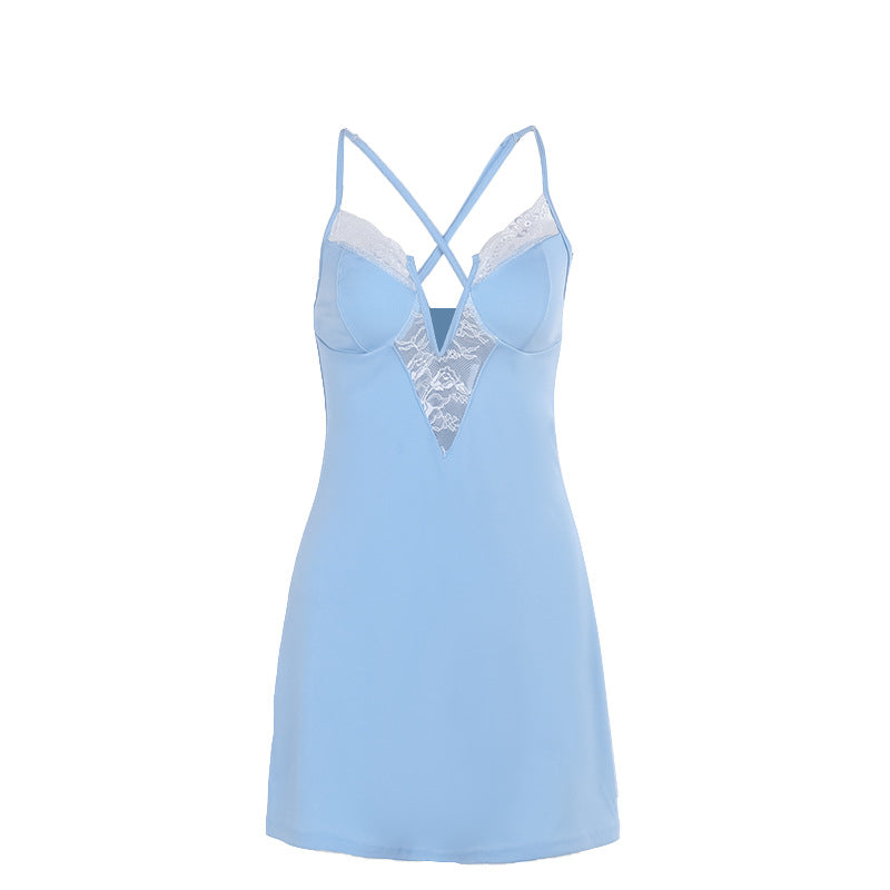 Autumn Classic Elegant Slim Strap Lace V neck Sexy Mini Dress FREYA