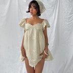 Women Clothing Summer Lace Embroidered Loose Puff Sleeves Sweet Elegance Dress Burgatti