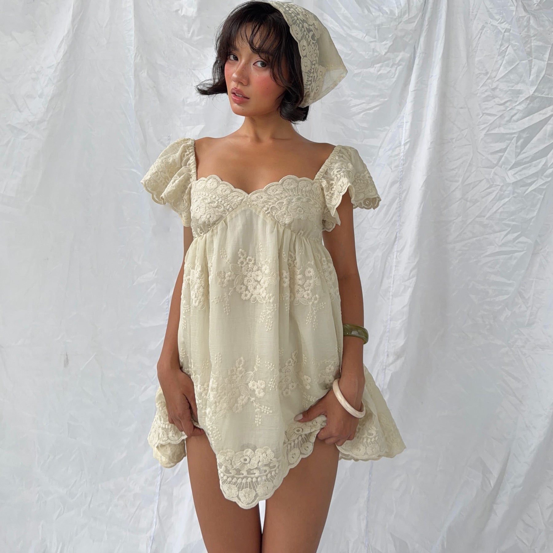 Women Clothing Summer Lace Embroidered Loose Puff Sleeves Sweet Elegance Dress Burgatti