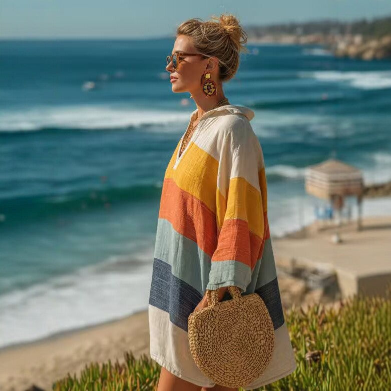 Bohemian Color Stripes Slub Linen Top Loose 3/4 Sleeve Casual Shirt Seaside Vacation Blouse Gemi