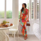 Summer Women Casual V neck Printed Lace up Mid Length Dress XUYUN