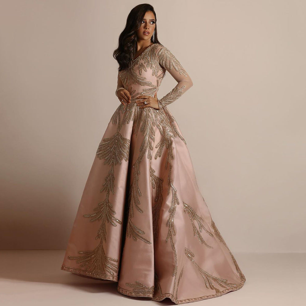 Robe de soirée sexy rose à manches larges dorées pour femme