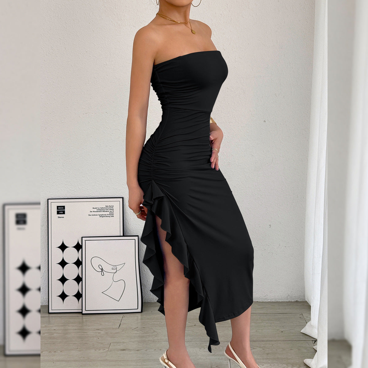 Autumn Winter Women Clothing Slim Fit Slit Wrapped Chest Bag Hip Sexy Dress Iyasen