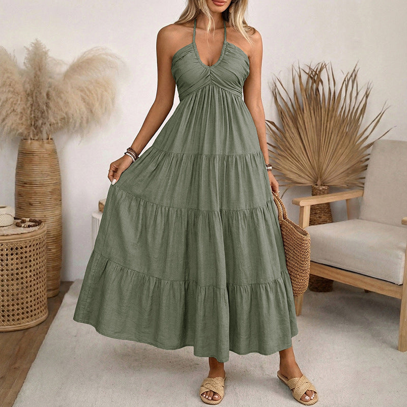 Summer Halter Vacation Maxi Dress Graceful Fashionable Backless Smocking Dress Women Jeme