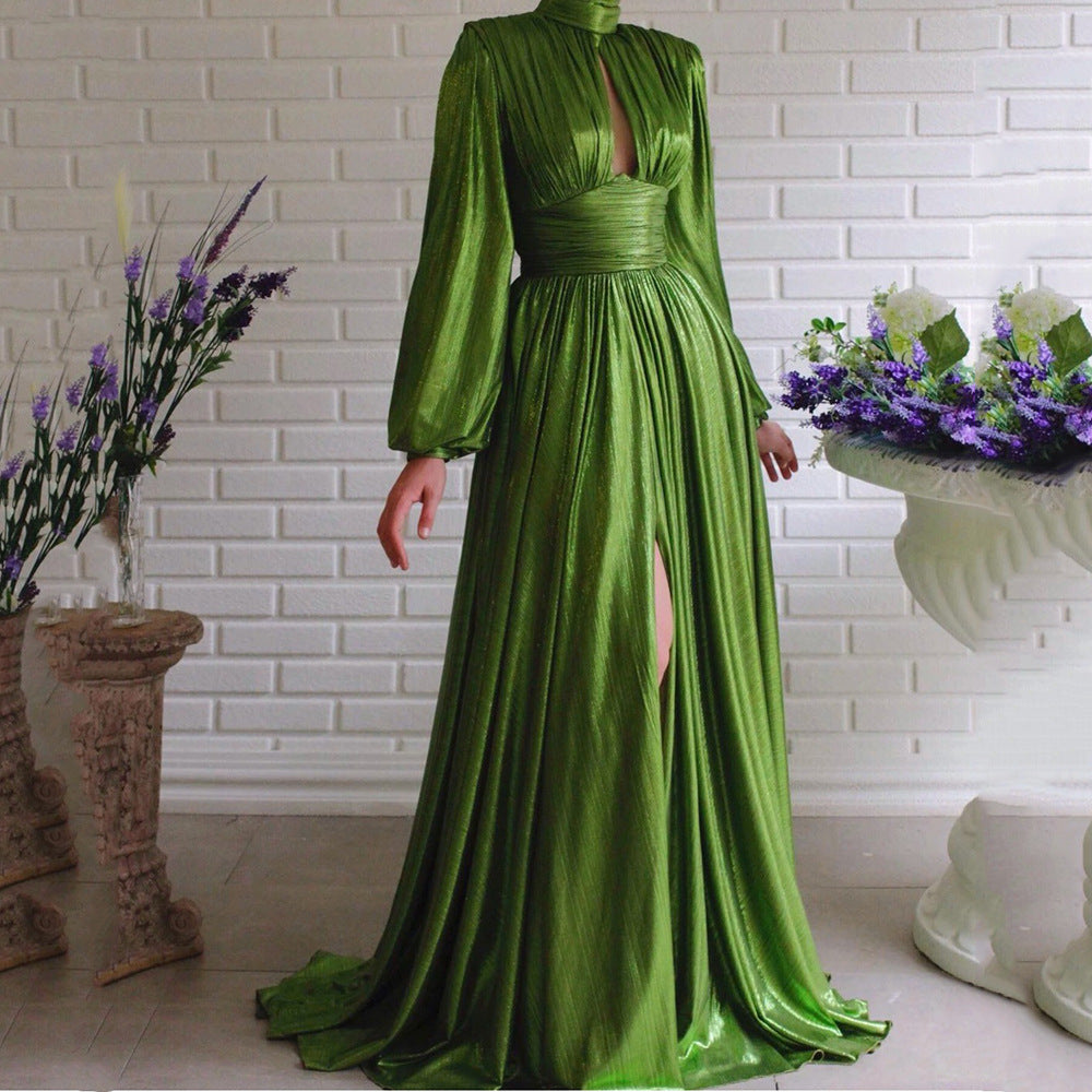 Vestido maxi verde aguacate sexy con cuello halter, cintura ajustada, color popular para primavera y verano para mujer