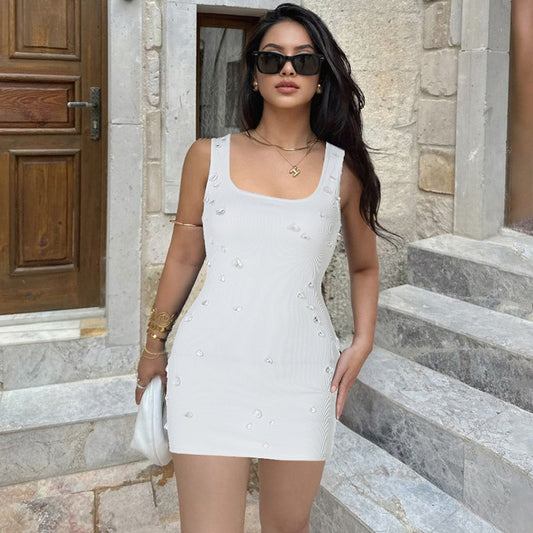 Women Clothing Summer Personality Slim Fit Slimming Beaded Sleeveless Sheath Dress