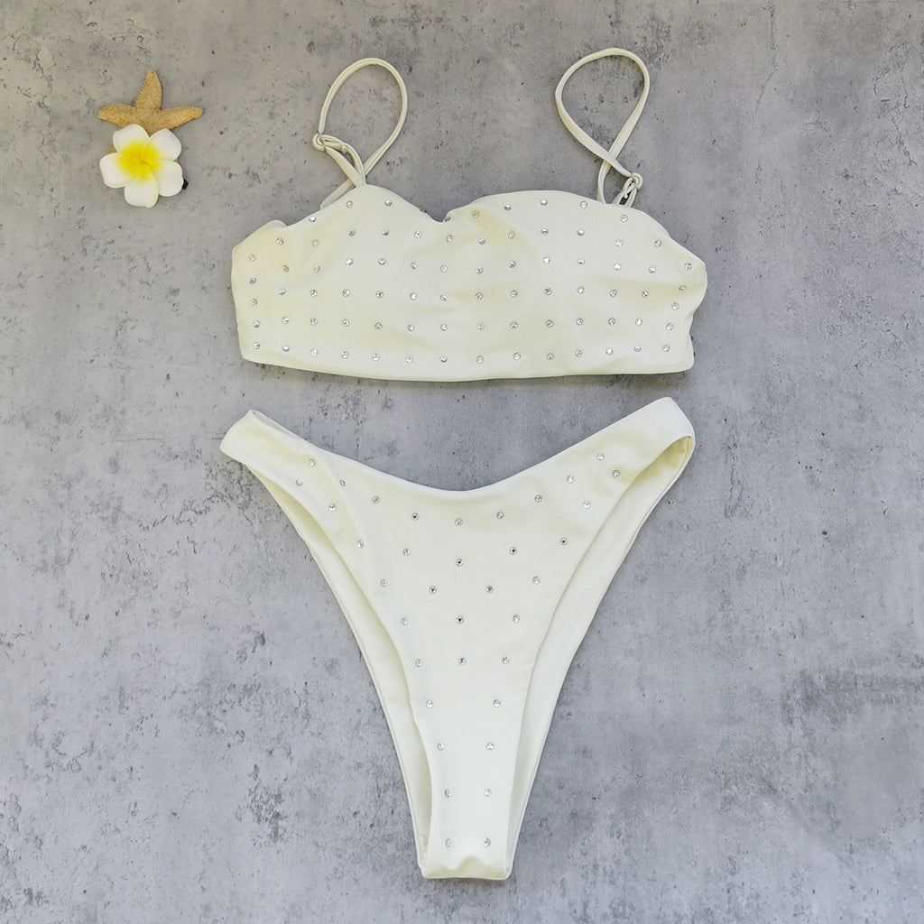 Tube Top with Diamond Solid Color Low Waist Bikini Sexy Split Swimsuit Bikini Thunder