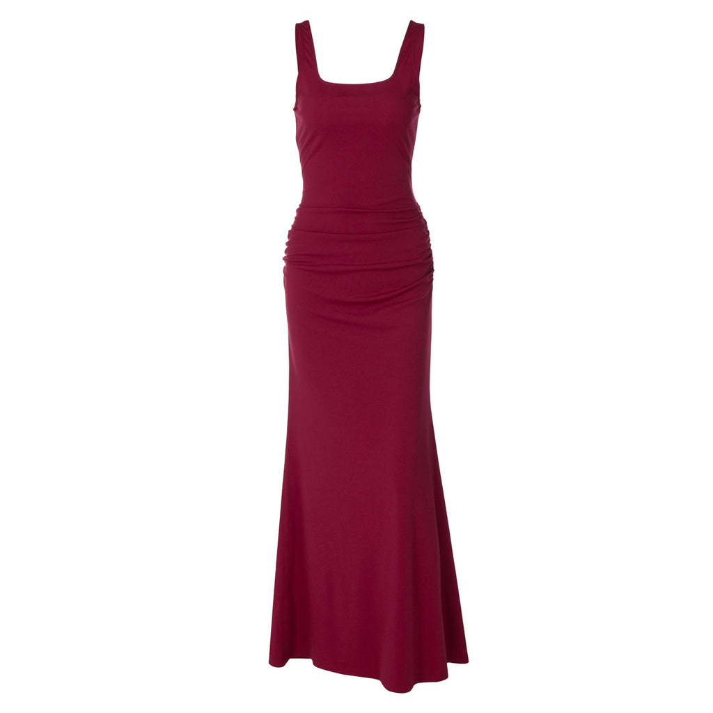 Women Summer Solid Color Low Cut Square Collar Slimming Slimming Dress Flash Vision