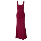 Women Summer Solid Color Low Cut Square Collar Slimming Slimming Dress Flash Vision