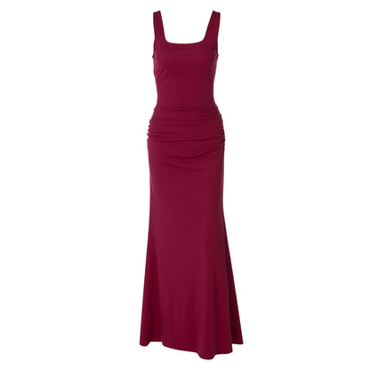Women Summer Solid Color Low Cut Square Collar Slimming Slimming Dress Flash Vision