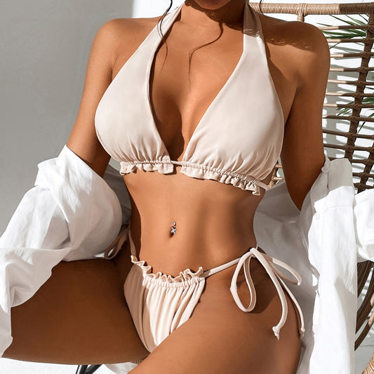 Traje de baño de bikini sexy de color sólido con cuello halter dividido para mujer