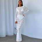 Women Clothing Spring Summer Solid Color Lace See through Long Sleeve Mid Length Dress SaturdayNight