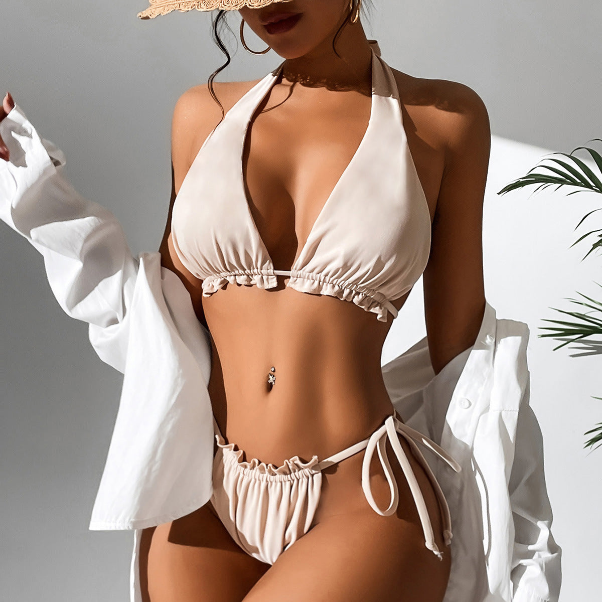 Traje de baño de bikini sexy de color sólido con cuello halter dividido para mujer