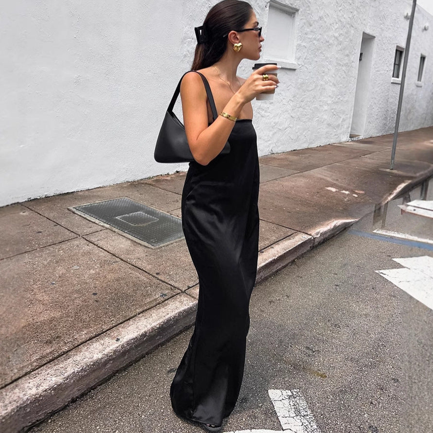 Black Sexy Tube Top Satin High Waist Loose Dress Summer Dress Women FOREVEREIGHTEEN