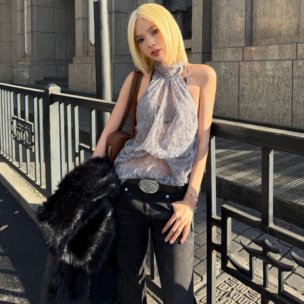 Women Clothing Summer Fashionable Chic High Neck Lace See Through Sleeveless Backless Irregular Asymmetric Top Burgatti