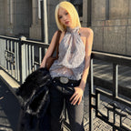 Women Clothing Summer Fashionable Chic High Neck Lace See Through Sleeveless Backless Irregular Asymmetric Top Burgatti