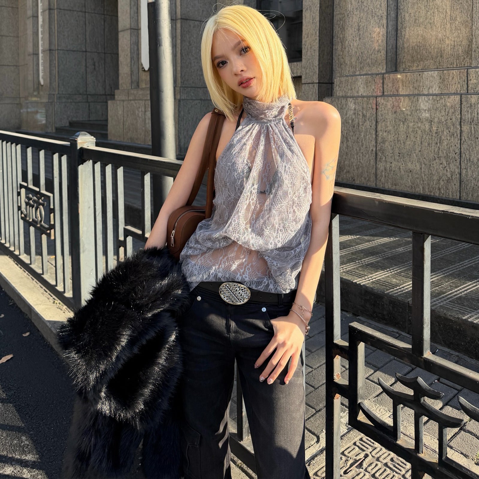 Women Clothing Summer Fashionable Chic High Neck Lace See Through Sleeveless Backless Irregular Asymmetric Top Burgatti