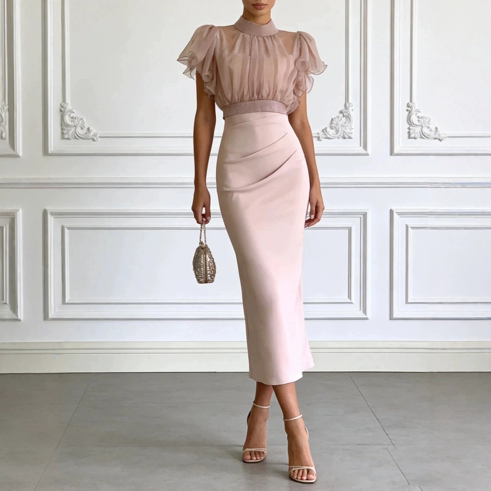 Fashionable Sheer Mesh Lace up Waist Controlled Top Strap Sheath Dress Venly