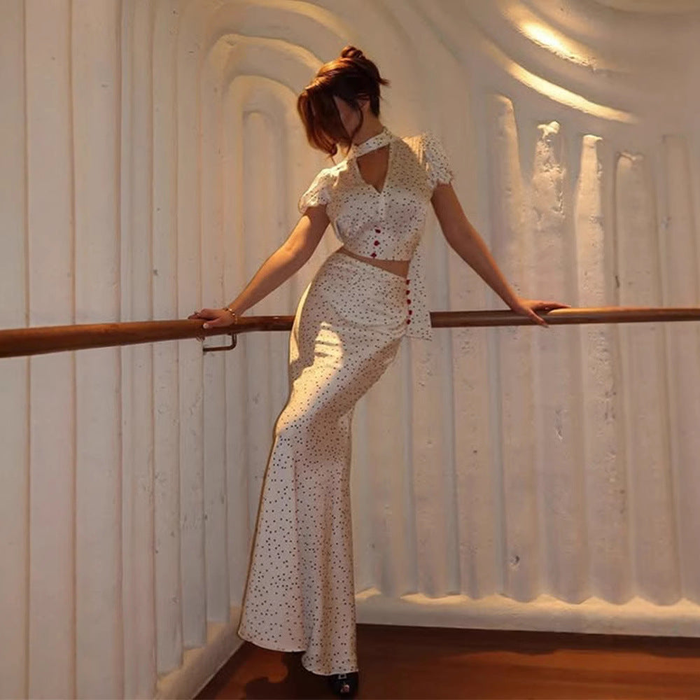 Elegant High Grade Polka Dot Satin Fishtail Skirt Skirt V neck Short Top Sexy Two Piece Sets