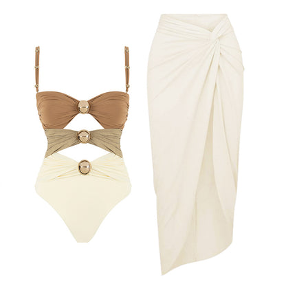 Brown SetColor Matching Swimsuit Creamy-white Skirt Suit