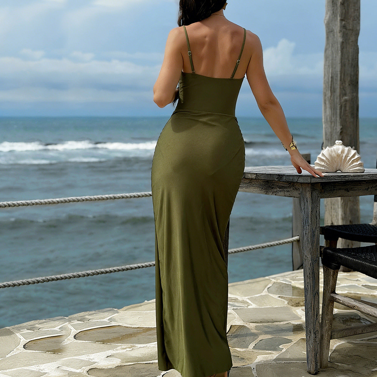 Swimwear Sexy Deep V Plunge neck Pleated High Slit Tube Top Dress Sexy BALANCE
