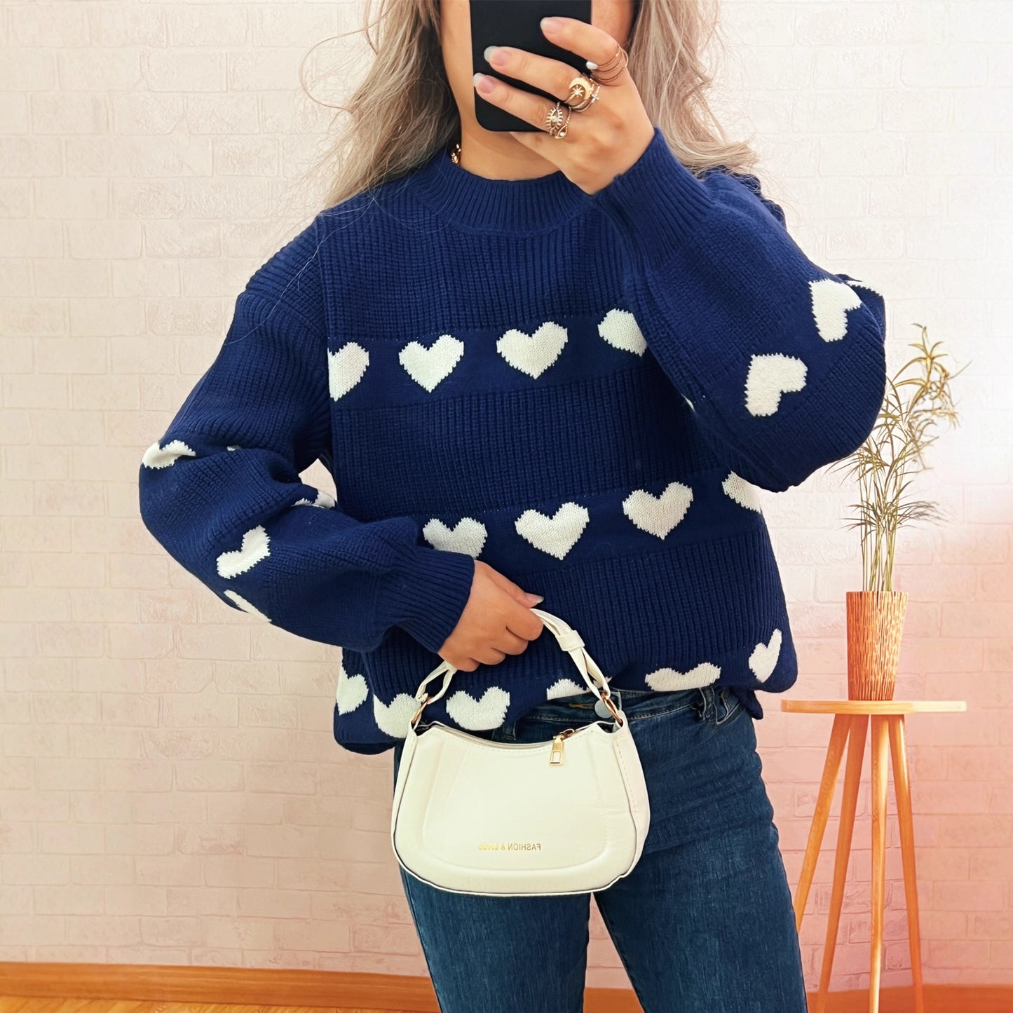 Suéter de oficina holgado e informal con cuello redondo y corazón de punto en contraste de color para otoño e invierno para mujer