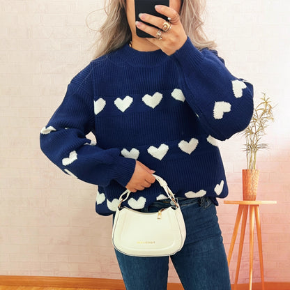Suéter de oficina holgado e informal con cuello redondo y corazón de punto en contraste de color para otoño e invierno para mujer
