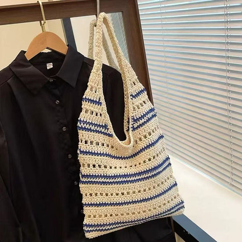 Bolso de hombro a rayas de hilo de algodón tejido, de gran capacidad, con aberturas, de paja, para playa y vacaciones. 